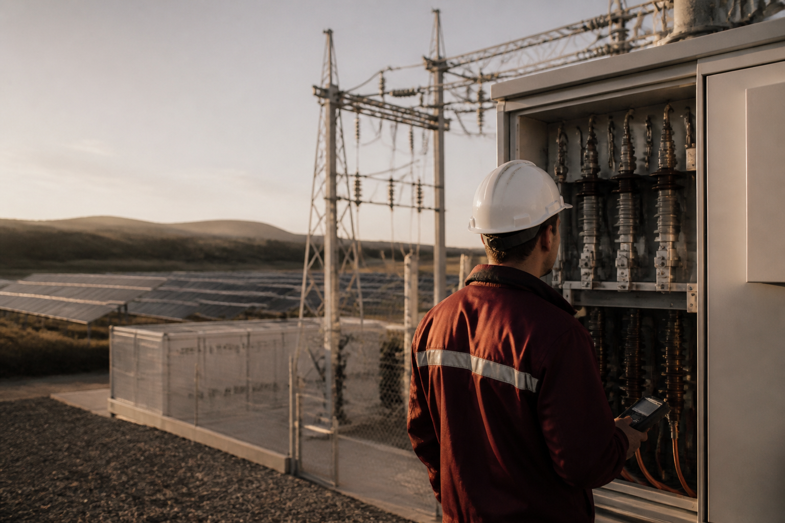 Redaktionell illustration: An engineer checking electrical equipment at Tenevo's connection to the 400 kV grid