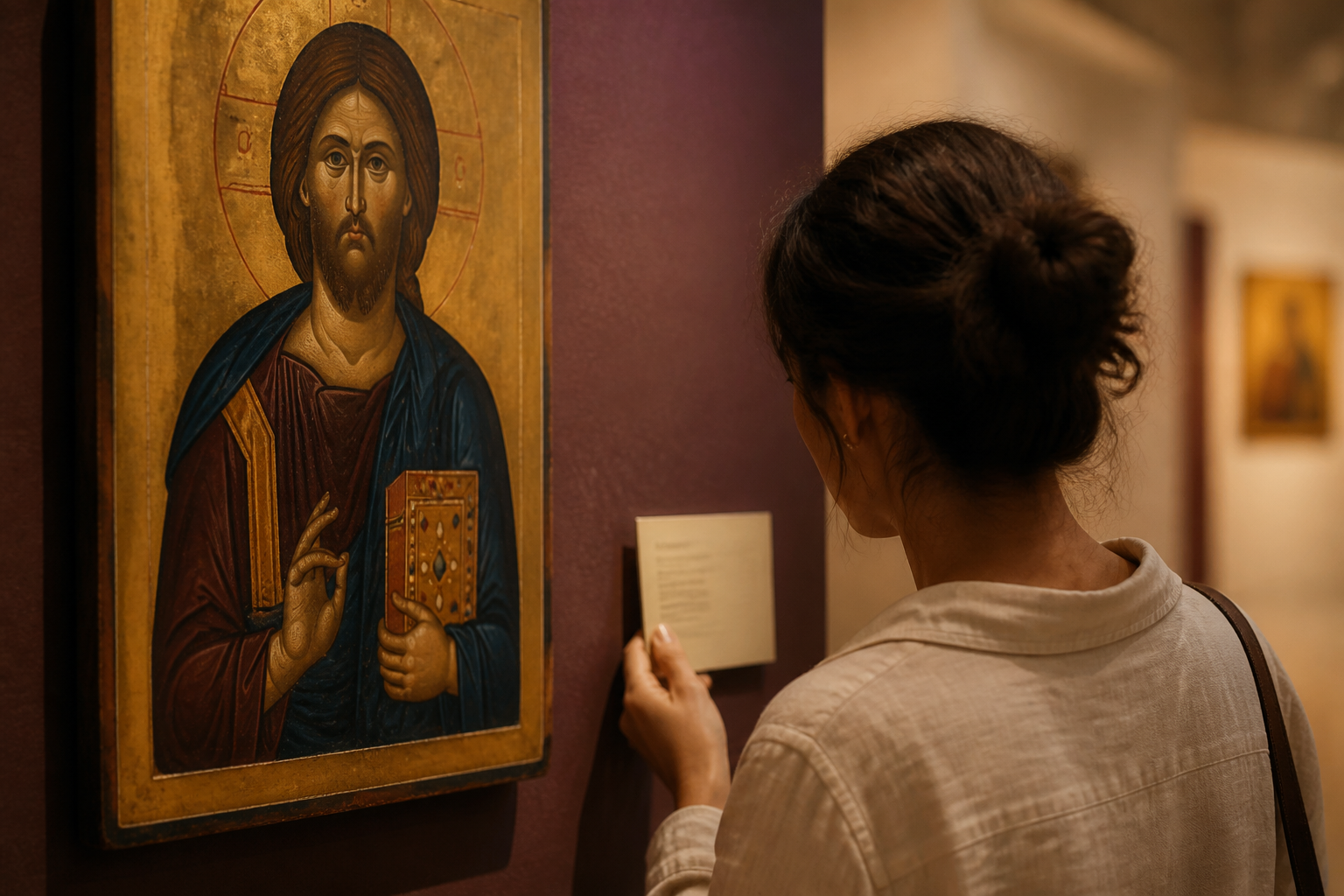 Redaktionell illustration: A visitor comparing an icon with its wall label inside Ohrid's Icon Gallery