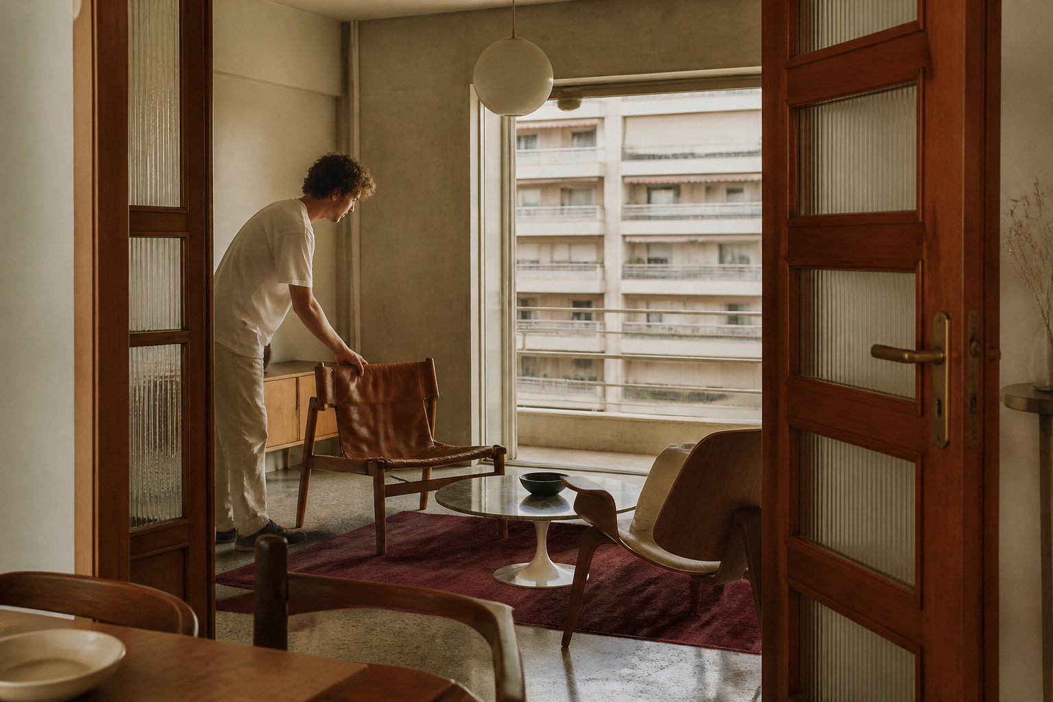 Redaktionell illustration: young man arranging vintage design chairs in a modernist apartment with restored 1950s wooden doors