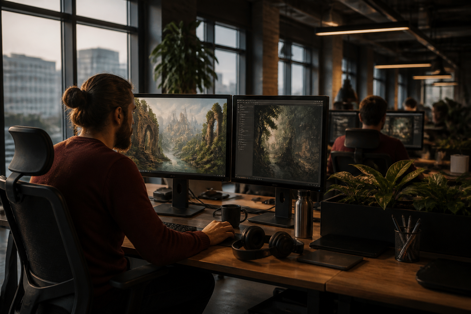 Redaktionell illustration: developers working at desks in a modern, open-plan office in Belgrade with digital art on screens