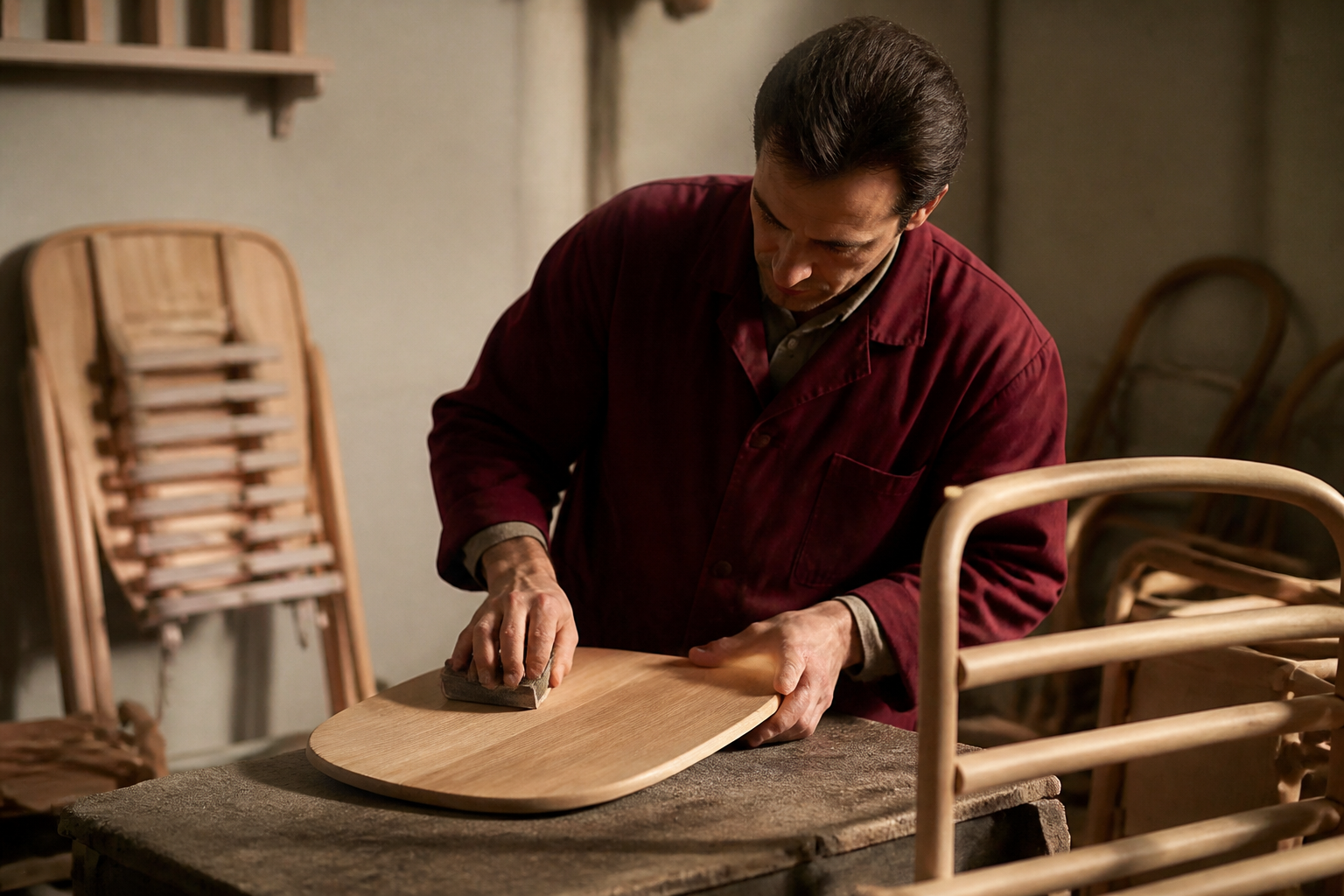 Redaktionell illustration: craftsman sanding a curved wooden chair seat in a Slovenian workshop