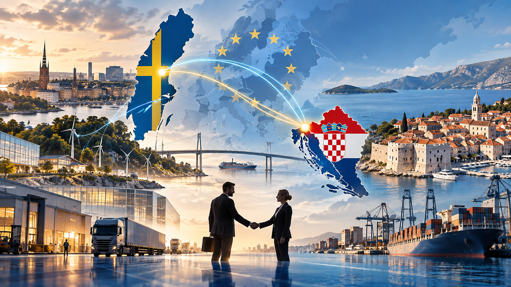 Illustration som symboliserar samarbete mellan Sverige och Kroatien inom EU, med visuella element som förbinder länderna.